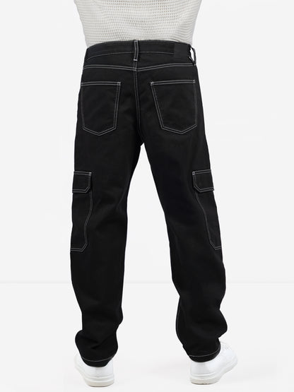 Black Cotton Loose Fit Cargo Jeans