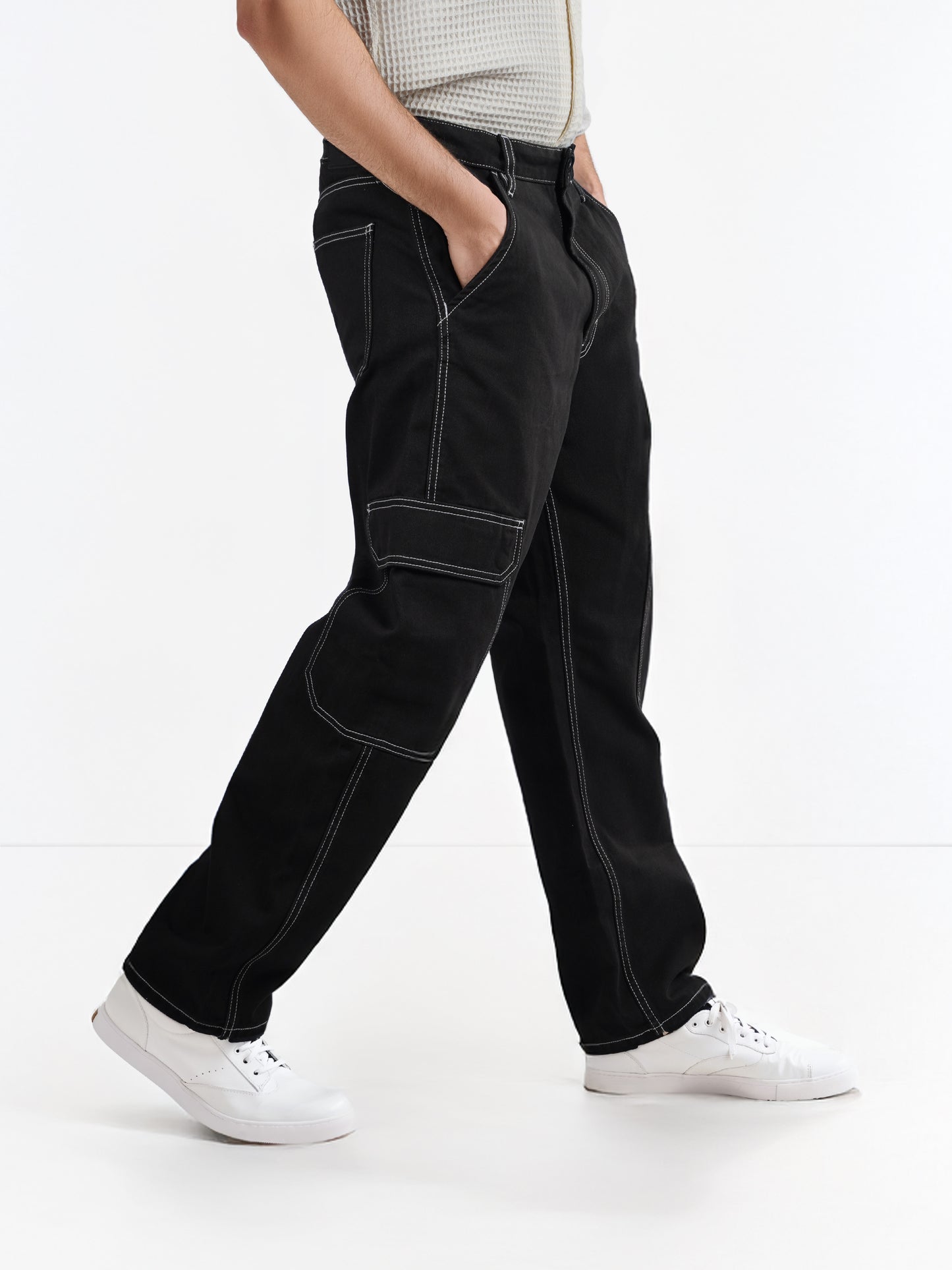 Black Cotton Loose Fit Cargo Jeans