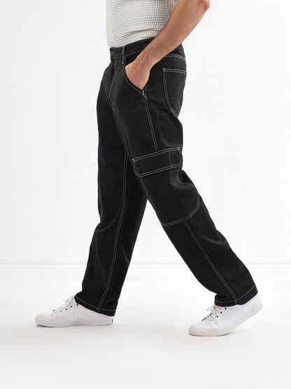 Black Cotton Loose Fit Cargo Jeans