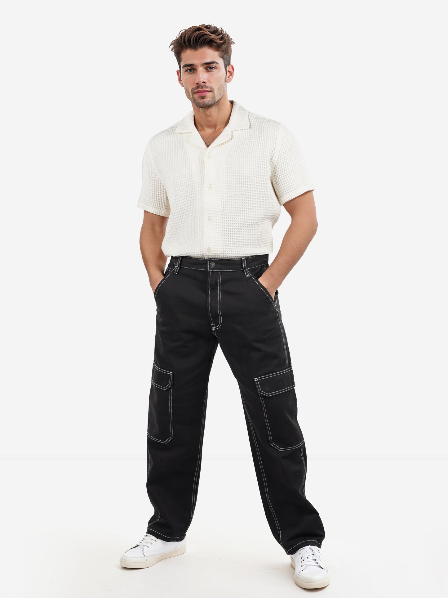 Black Cotton Loose Fit Cargo Jeans