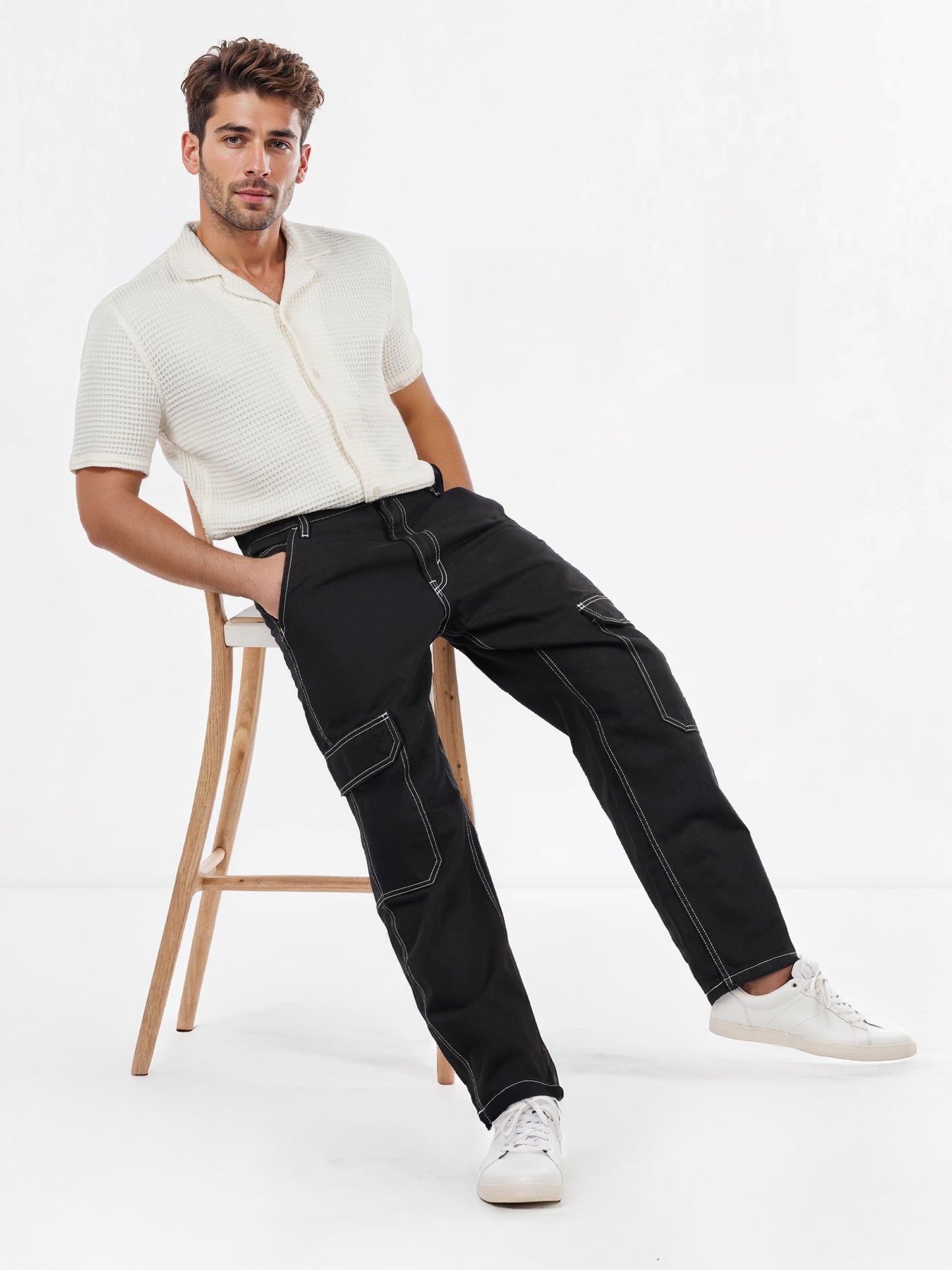 Black Cotton Loose Fit Cargo Jeans