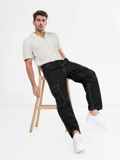 Black Cotton Loose Fit Cargo Jeans