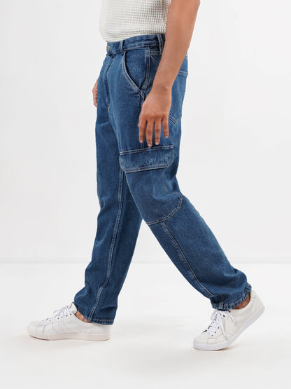 Grey Cotton Loose Fit Cargo Jeans