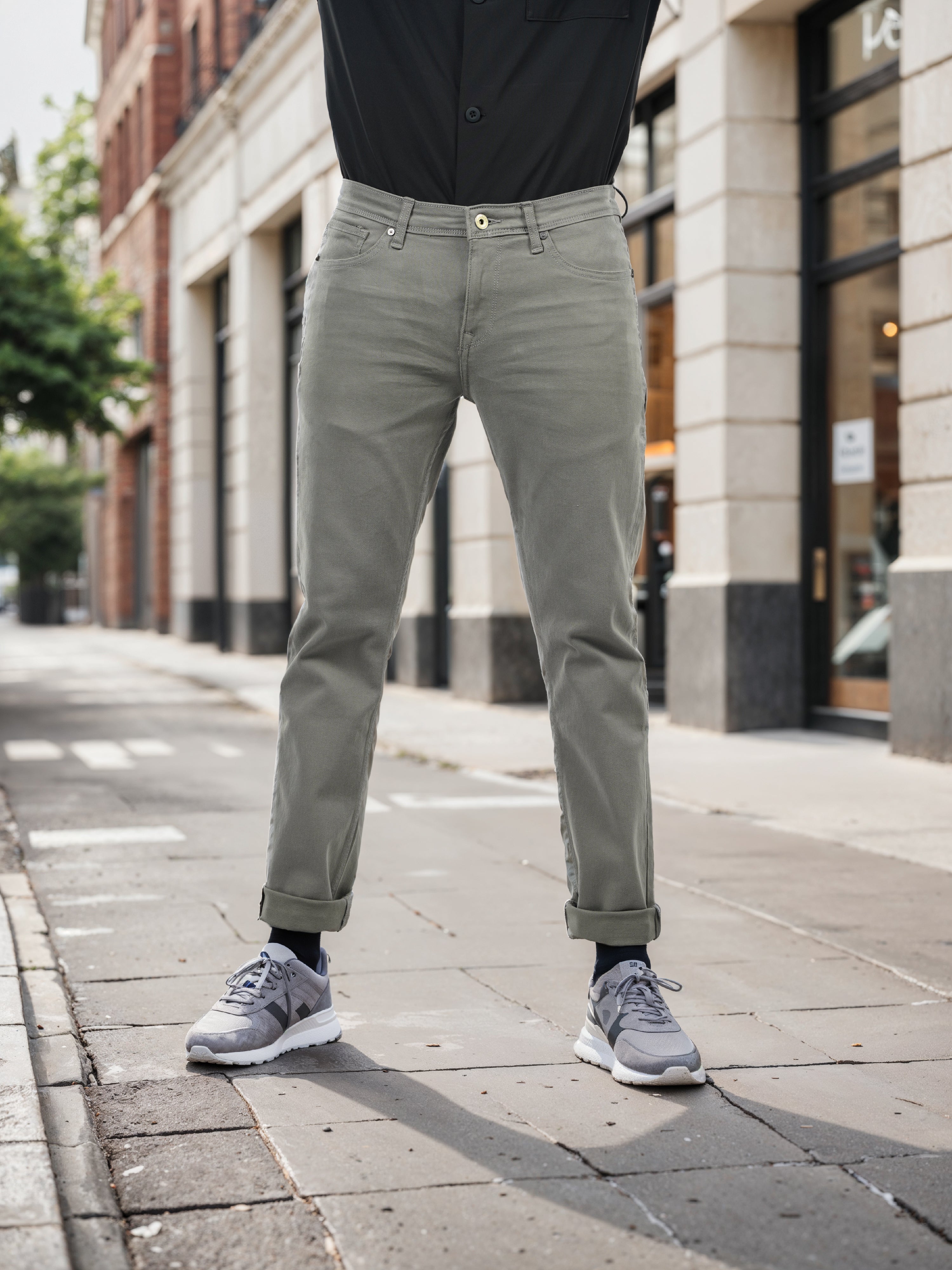 Green Cotton Blend Slim Fit Trousers