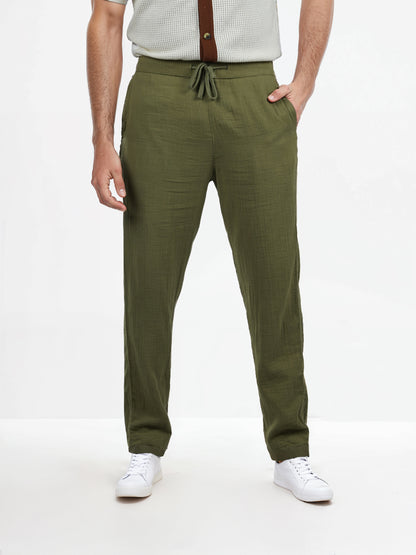 Khaki Cotton Slim Fit Trousers