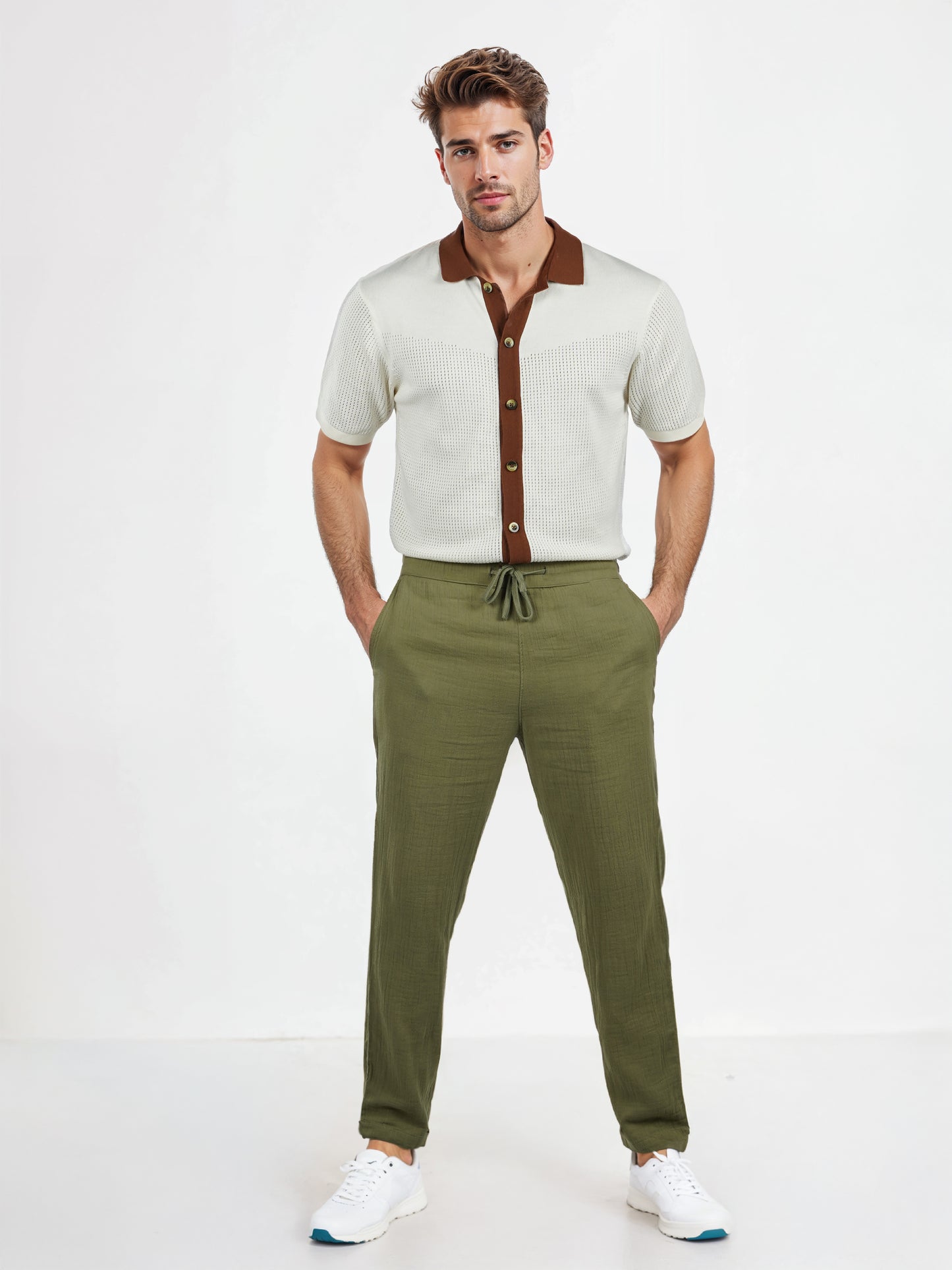 Khaki Cotton Slim Fit Trousers