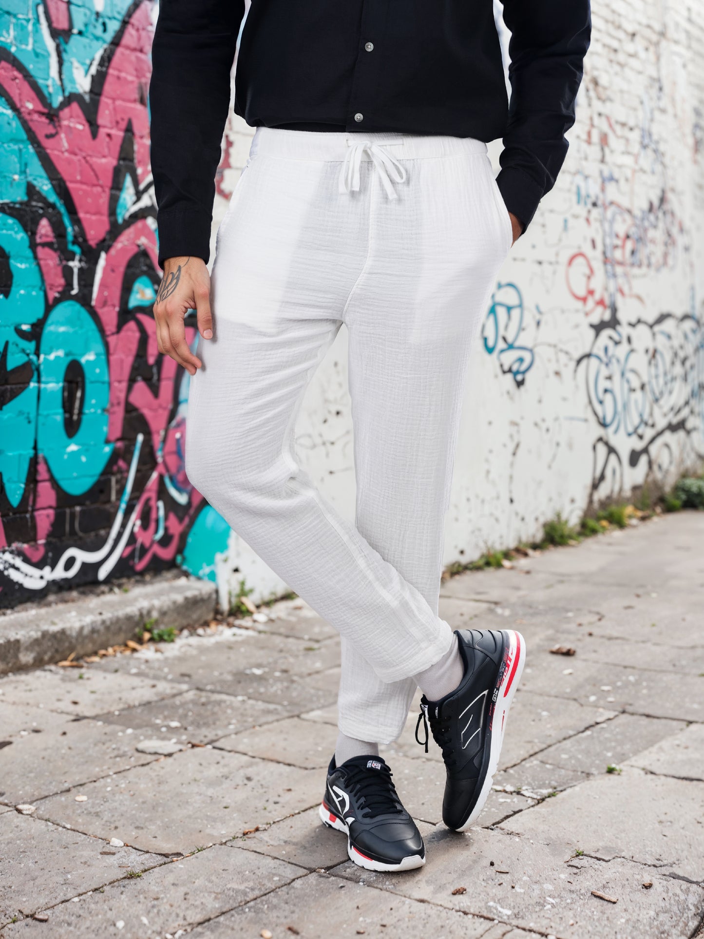 White Cotton Slim Fit Trousers