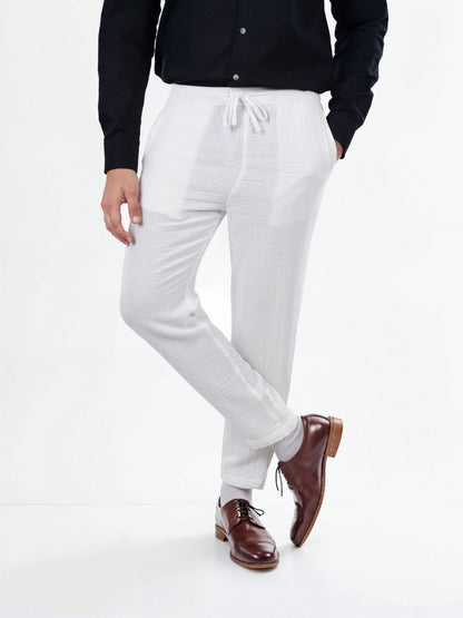 White Cotton Slim Fit Trousers