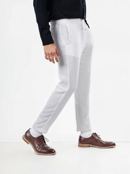 White Cotton Slim Fit Trousers