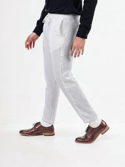 White Cotton Slim Fit Trousers