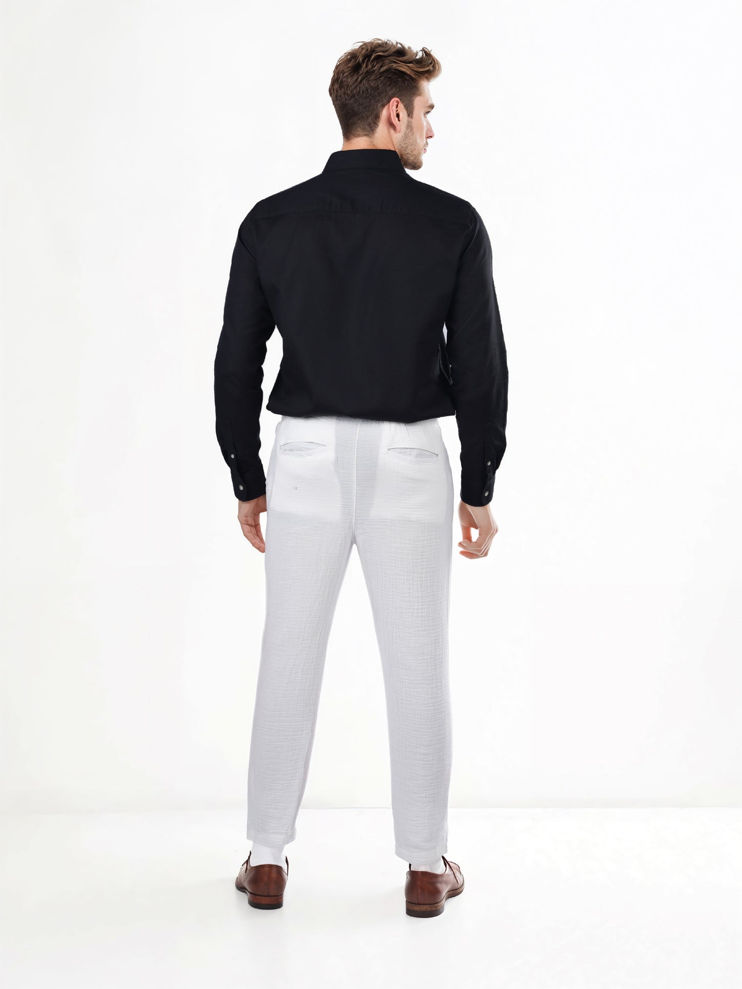 White Cotton Slim Fit Trousers