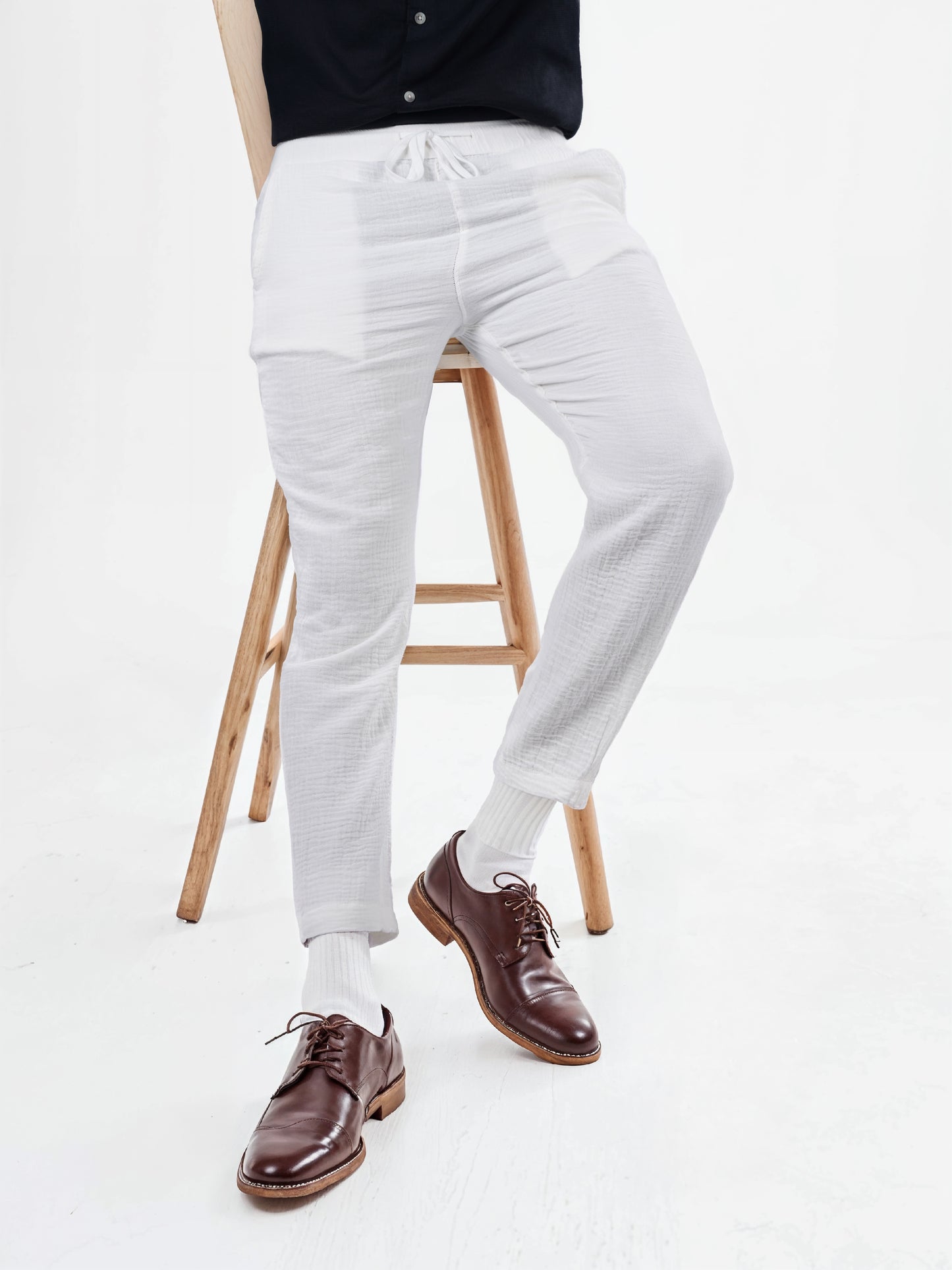 White Cotton Slim Fit Trousers