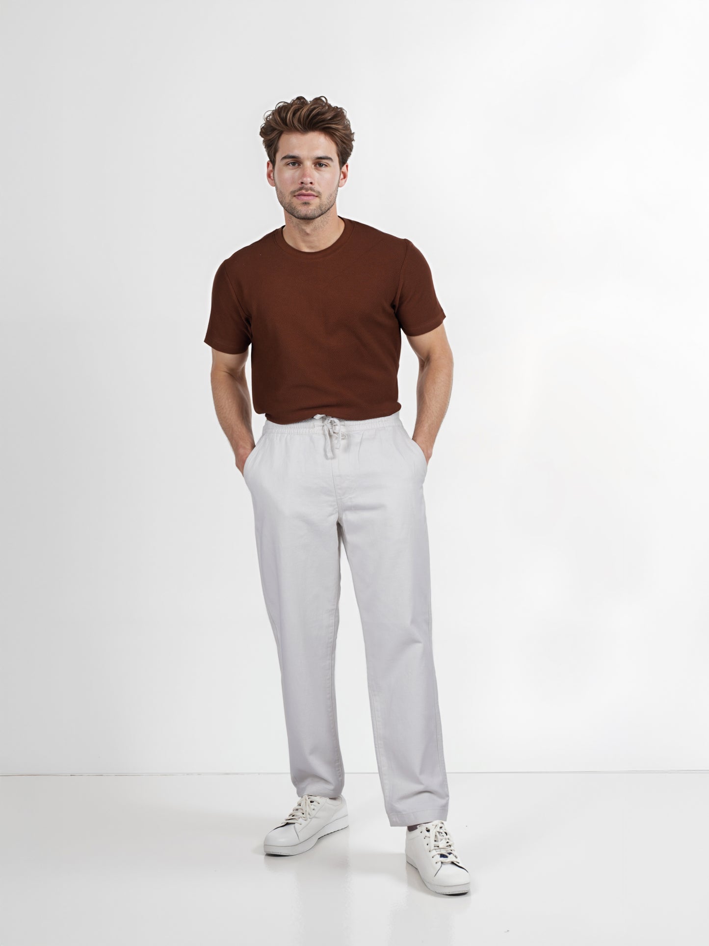 Celio* Linen Relaxed Fit Off White Casual Trouser