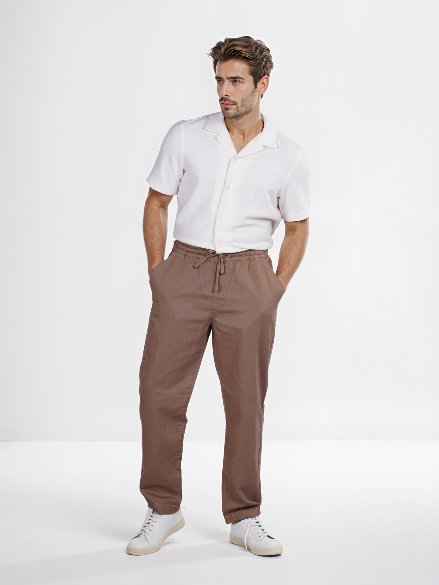 Celio* Linen Relaxed Fit Brown Casual Trouser