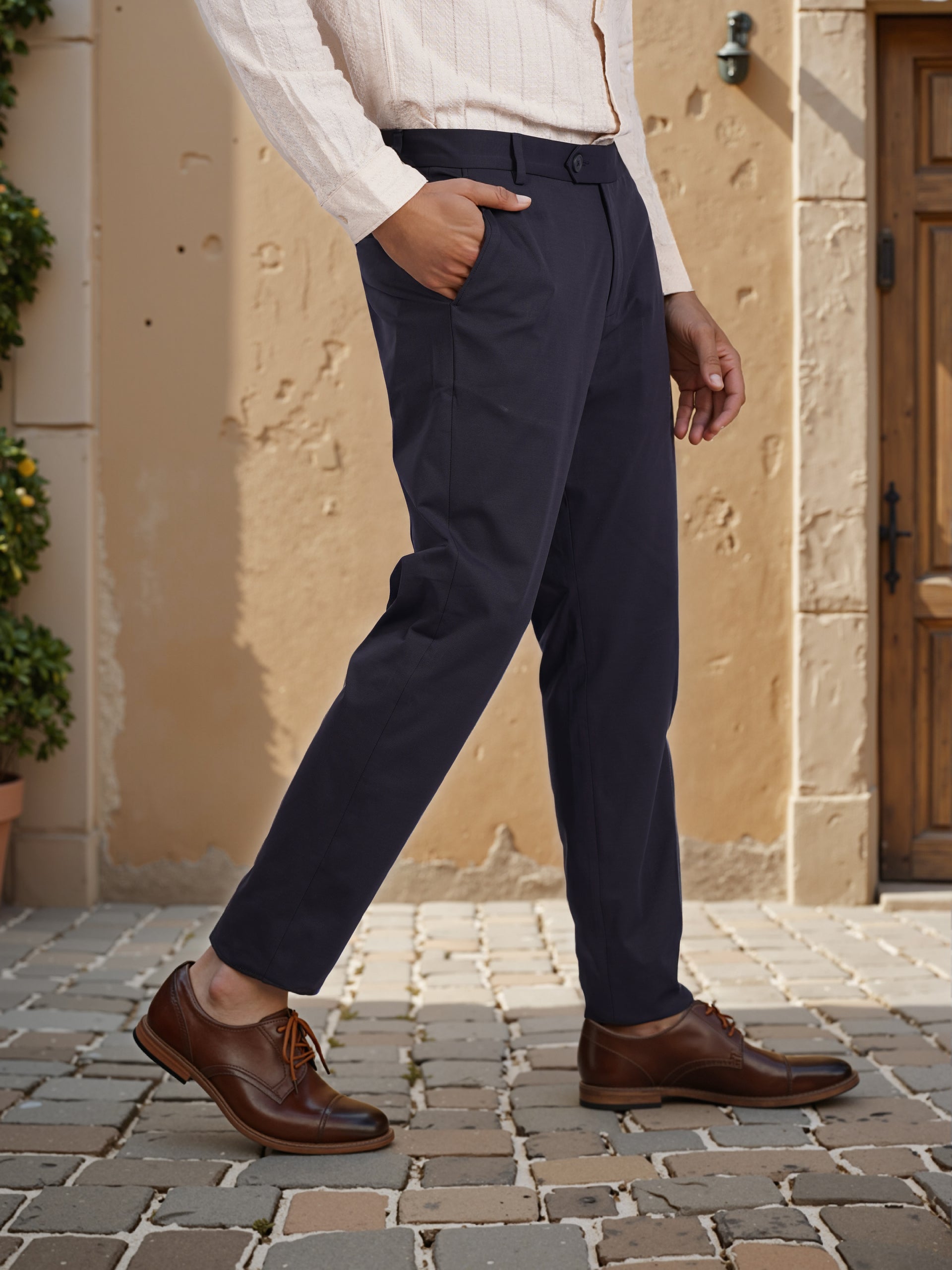 blue dress shirt grey pants brown shoes If you really want to stand out, pick grey pants with brown shoes and belt. The navy shirt makes this spring/summer outfit just perfect. #mensfashion