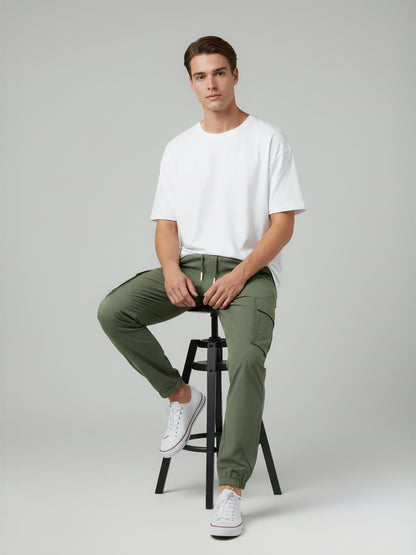 Celio* Men Olive Solid Slim Fit Polyester Trousers