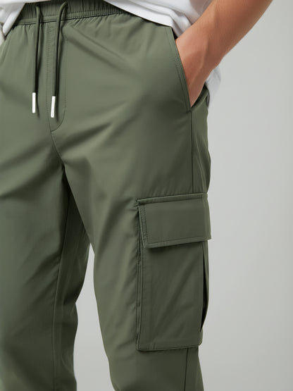 Celio* Men Olive Solid Slim Fit Polyester Trousers
