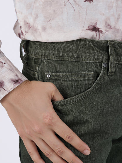 Celio* Men Olive Solid Loose Fit Cotton Jeans