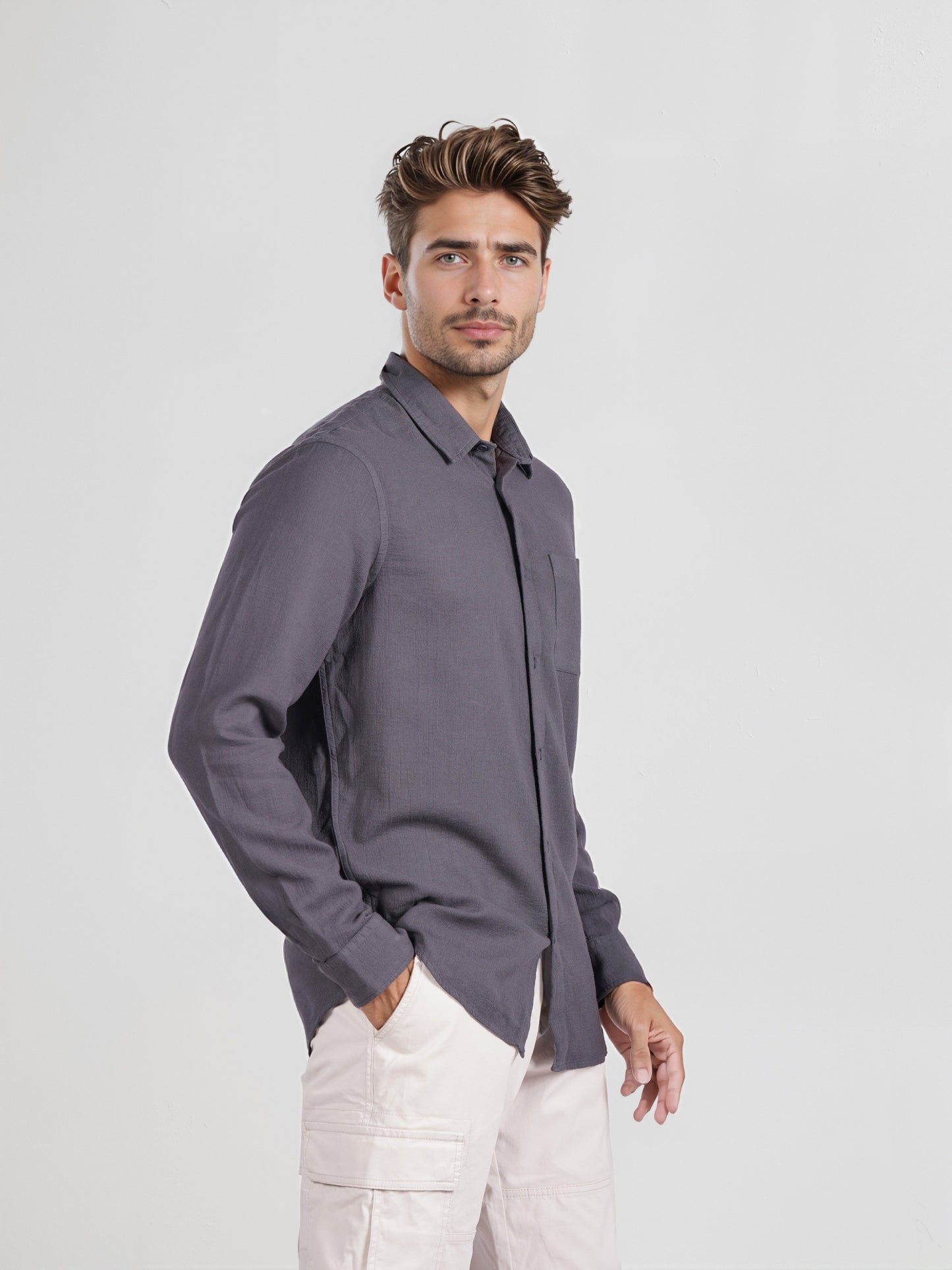 Celio* Men Grey Solid Regular Fit Cotton Shirt