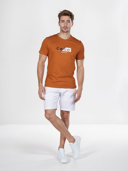 Celio* Printed Straight Fit Cotton Brown T-Shirt