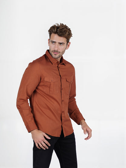 Celio* Solid Regular Fit Cotton-Linen Orange Shirt