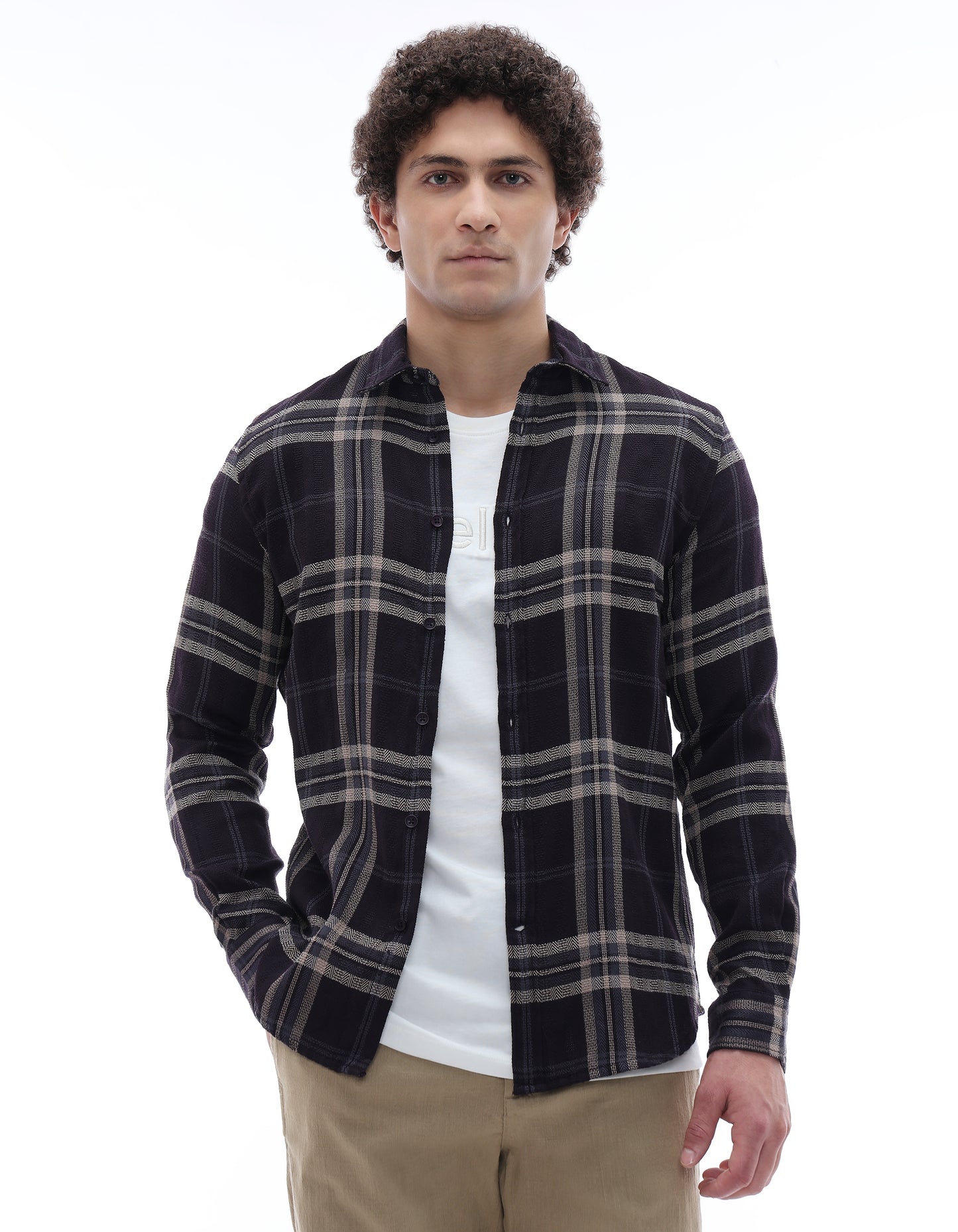 Celio* Men Purple Checked Regular Fit Polyester Shirts