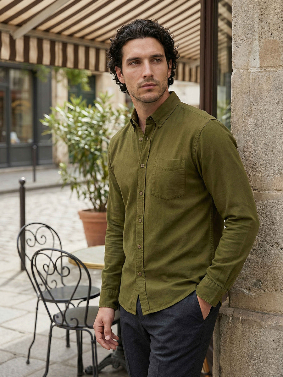 Celio Men Olive Solid Regular Fit Cotton Shirts