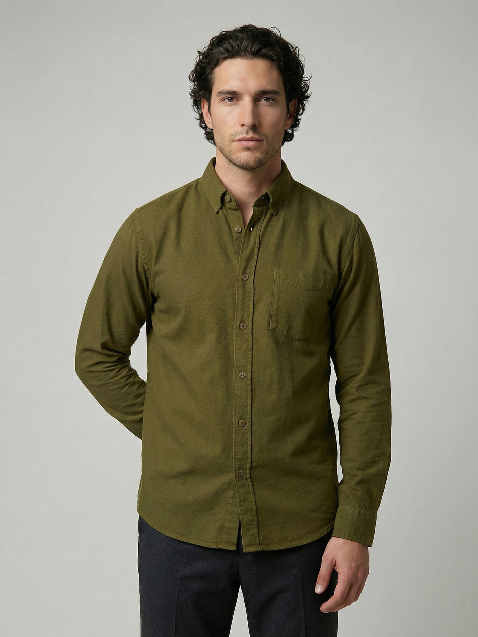 Celio Men Olive Solid Regular Fit Cotton Shirts