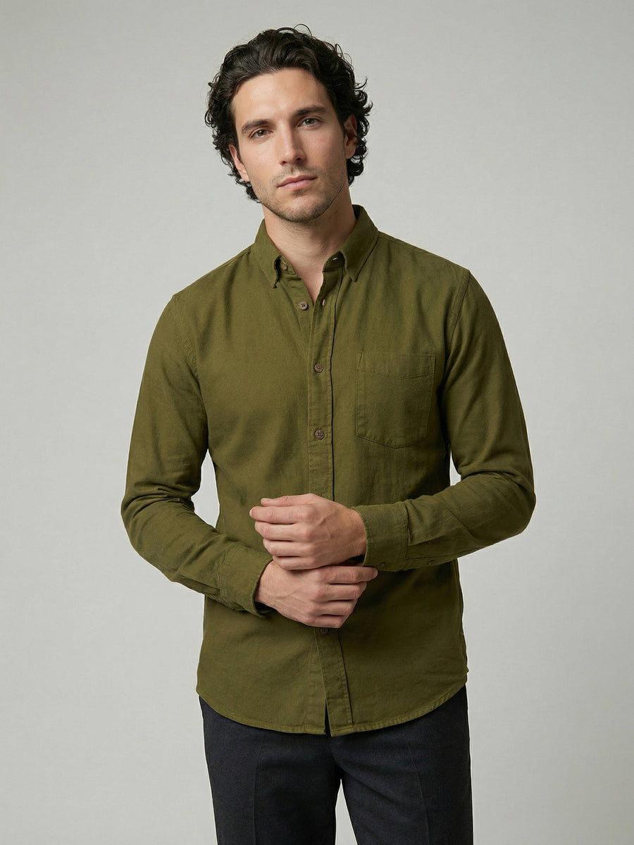 Celio Men Olive Solid Regular Fit Cotton Shirts