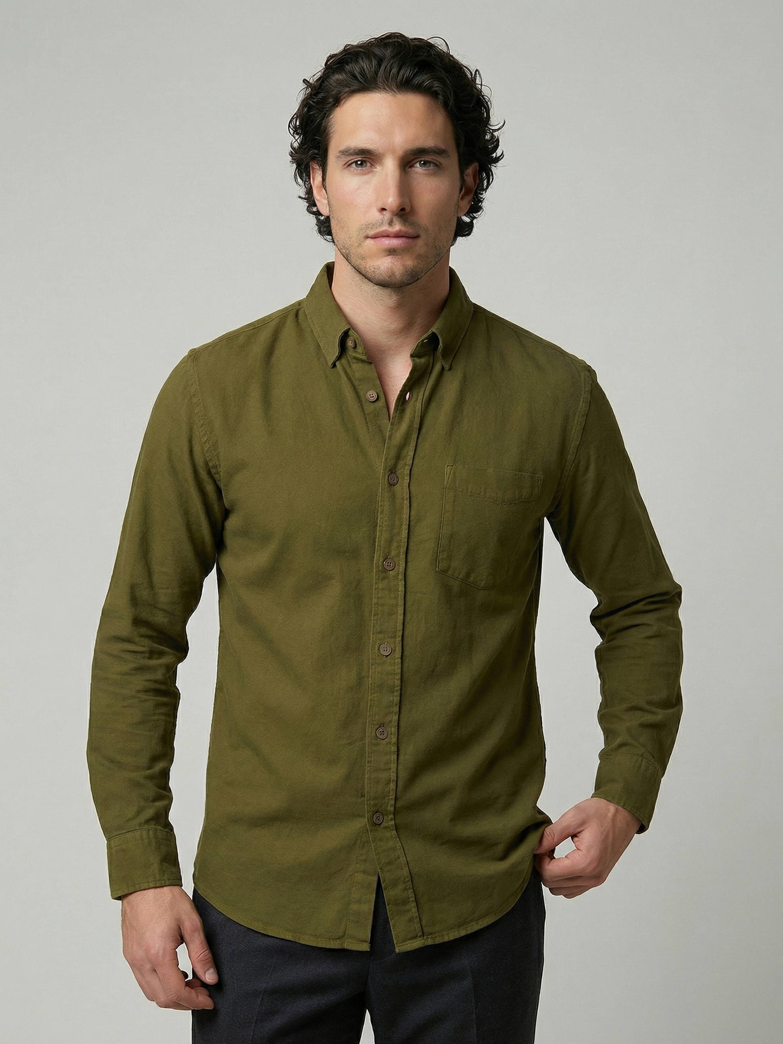 Celio Men Olive Solid Regular Fit Cotton Shirts