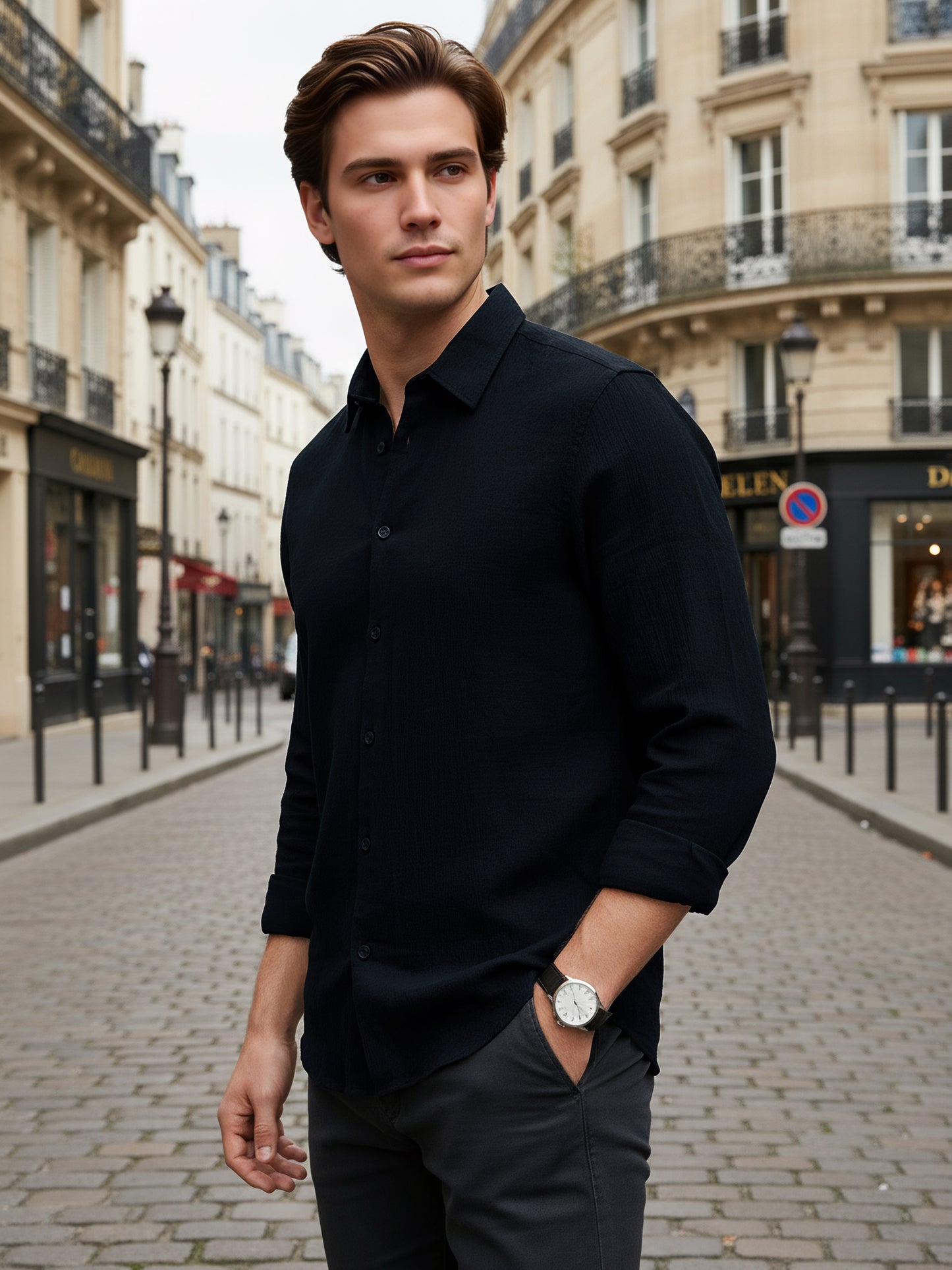 Celio* Men Black Solid Regular Fit Cotton Shirts