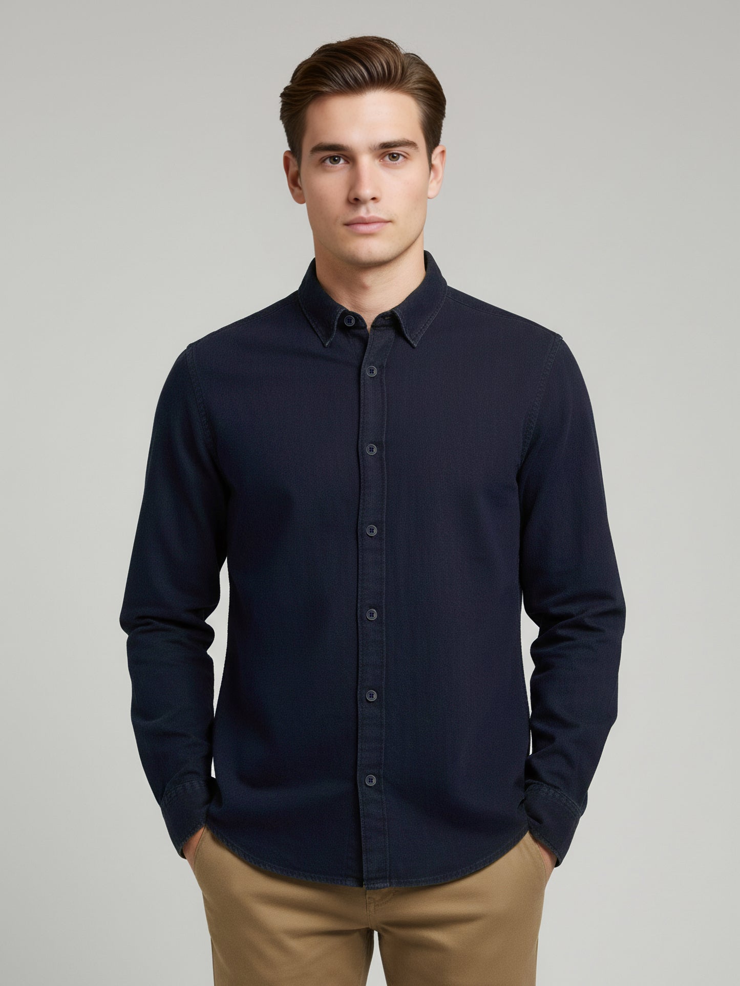 Celio* Men Navy Blue Solid Regular Fit Cotton Shirts