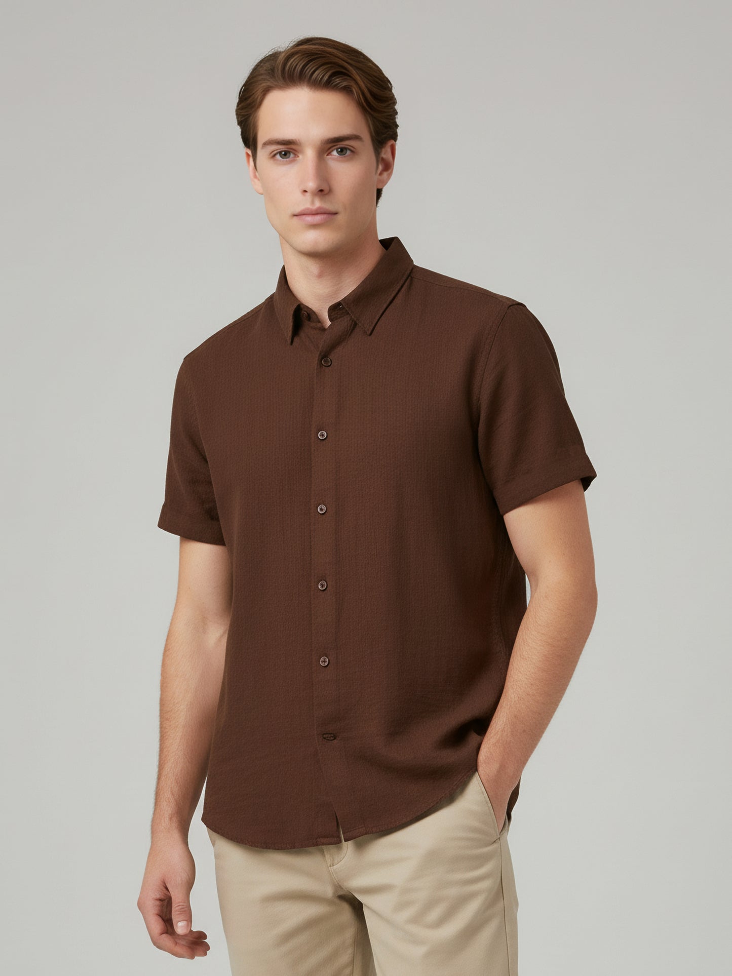 Celio* Men Brown Solid Regular Fit Cotton Shirts