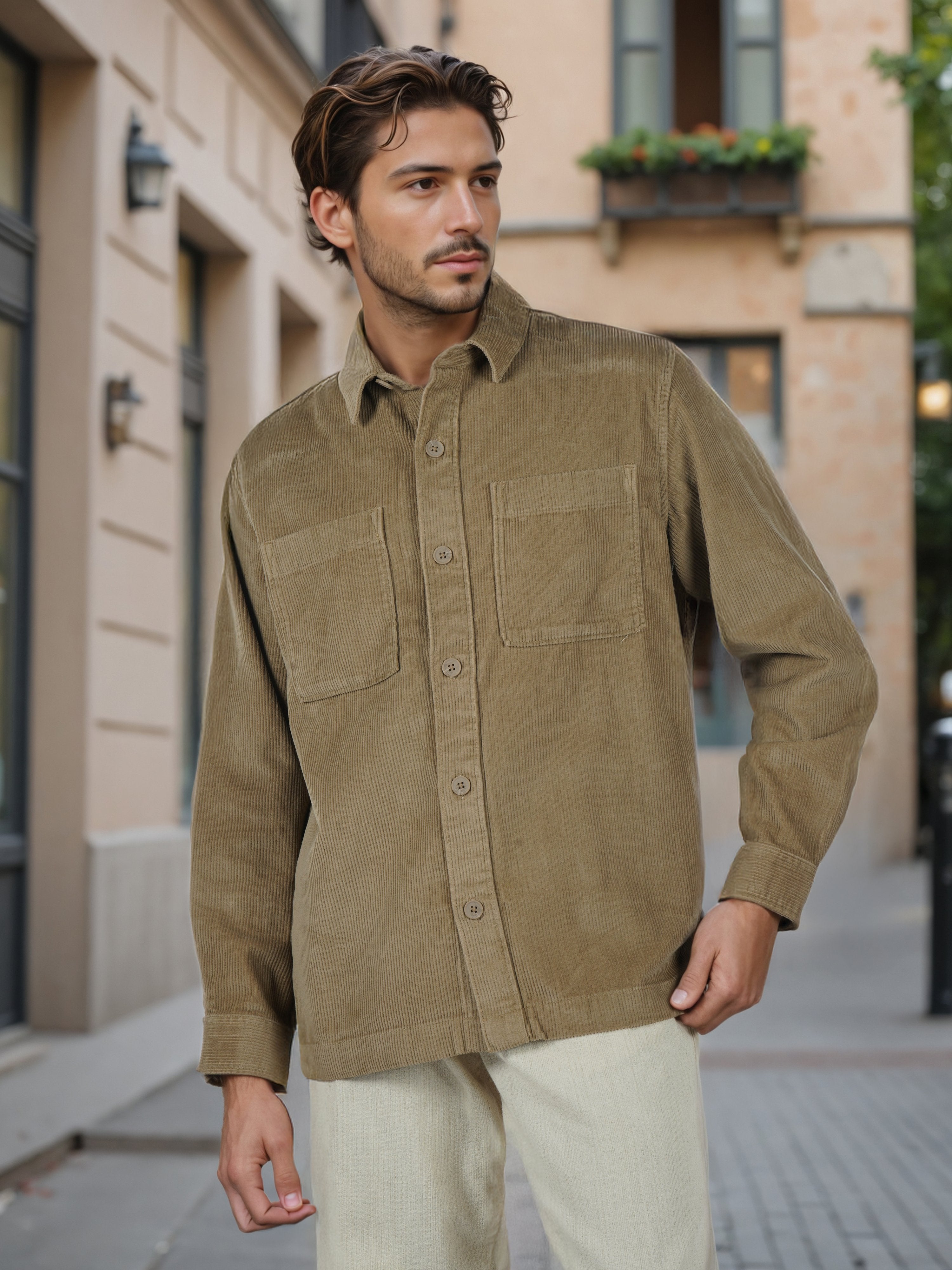 Celio* Men Olive Solid Overshirt Cotton Shirts