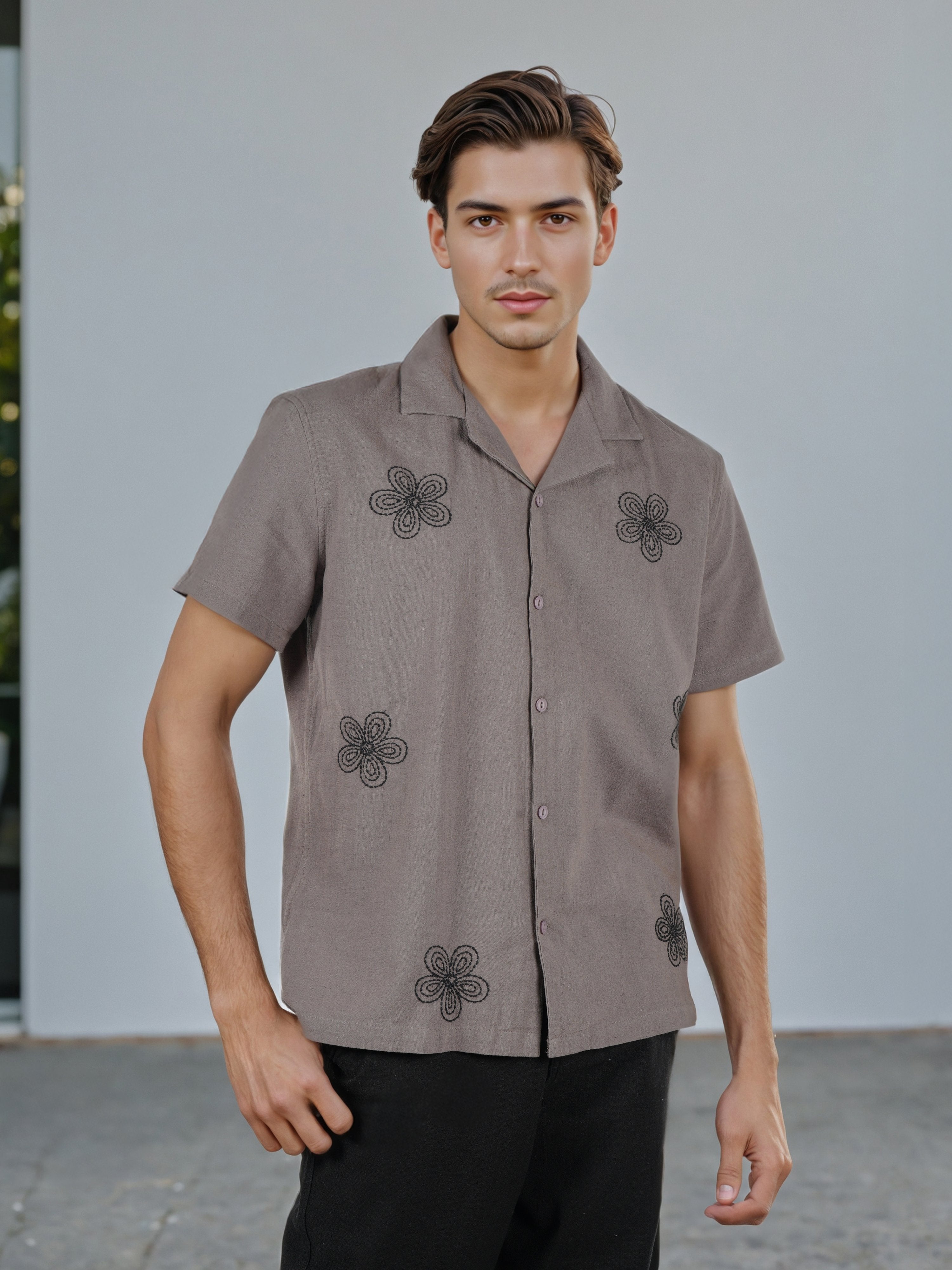 Celio* Men Grey Embroidered Boxy Fit Cotton-Linen-Blend Shirts