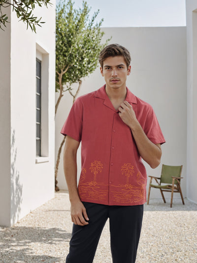 Celio* Men Red Embroidered Boxy Cotton Shirt
