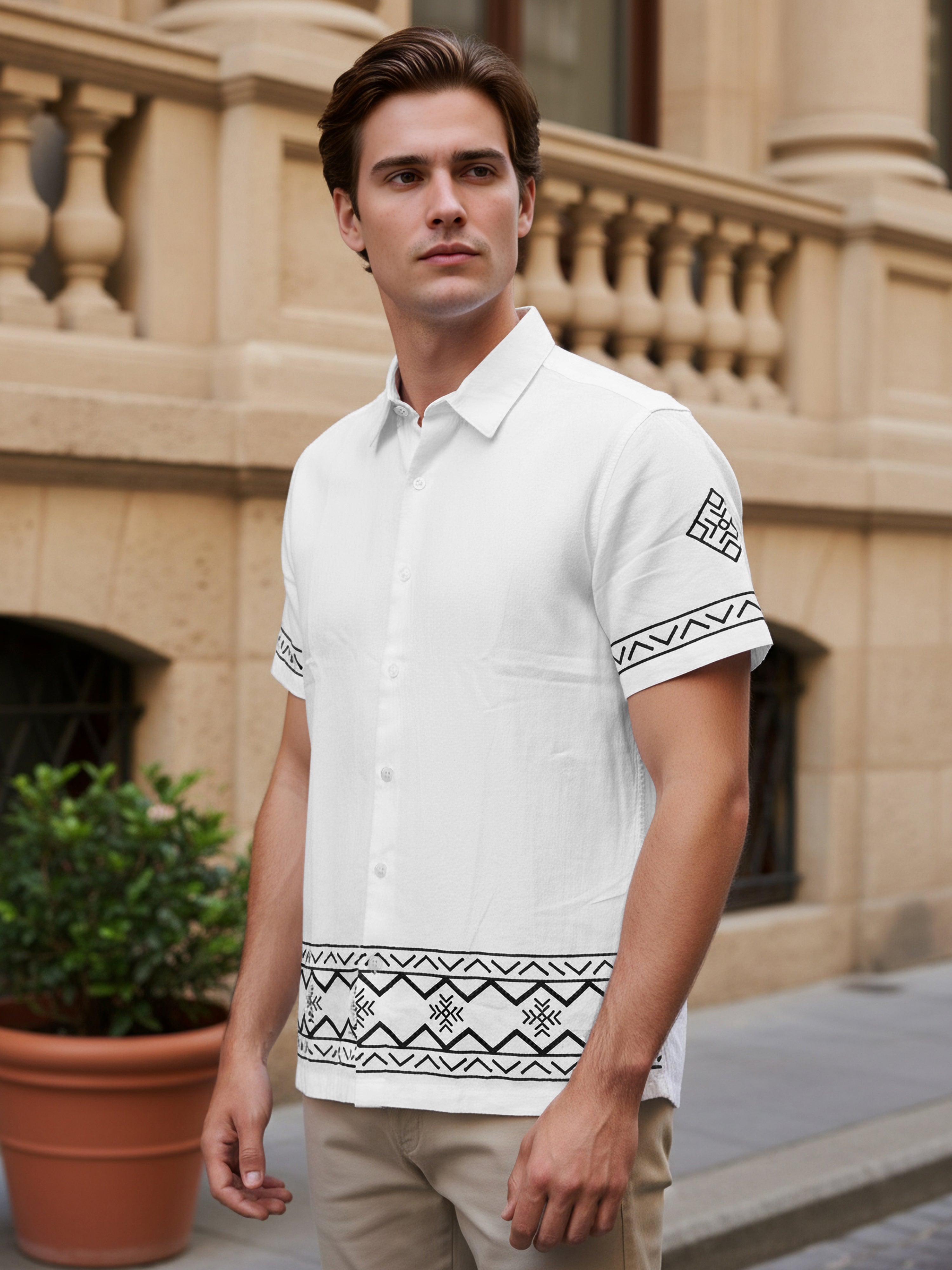 Celio Men White Printed Regular Fit Cotton-Linen-Blend Shirts