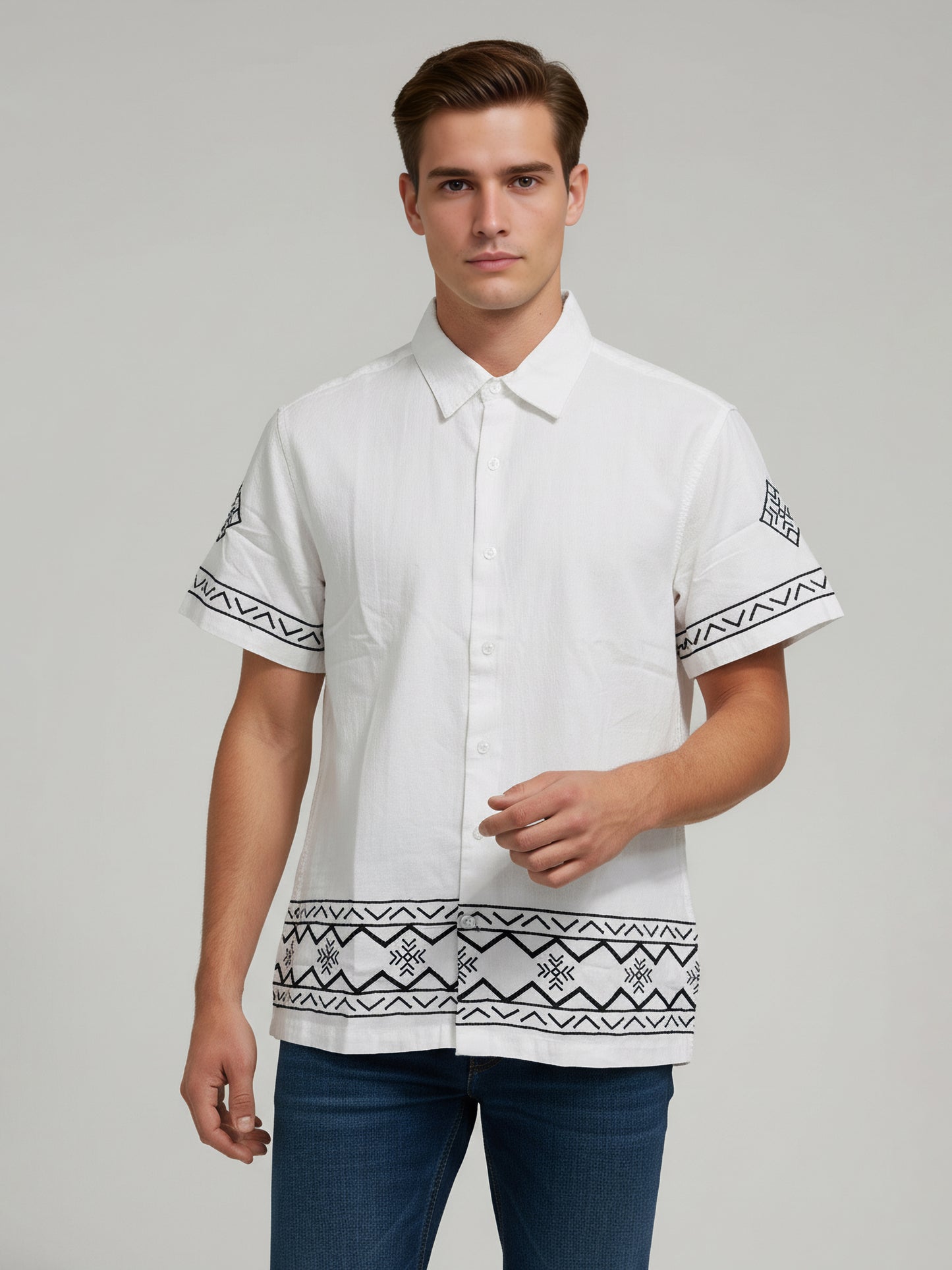 Celio* Men White Printed Regular Fit Cotton-Linen-Blend Shirts