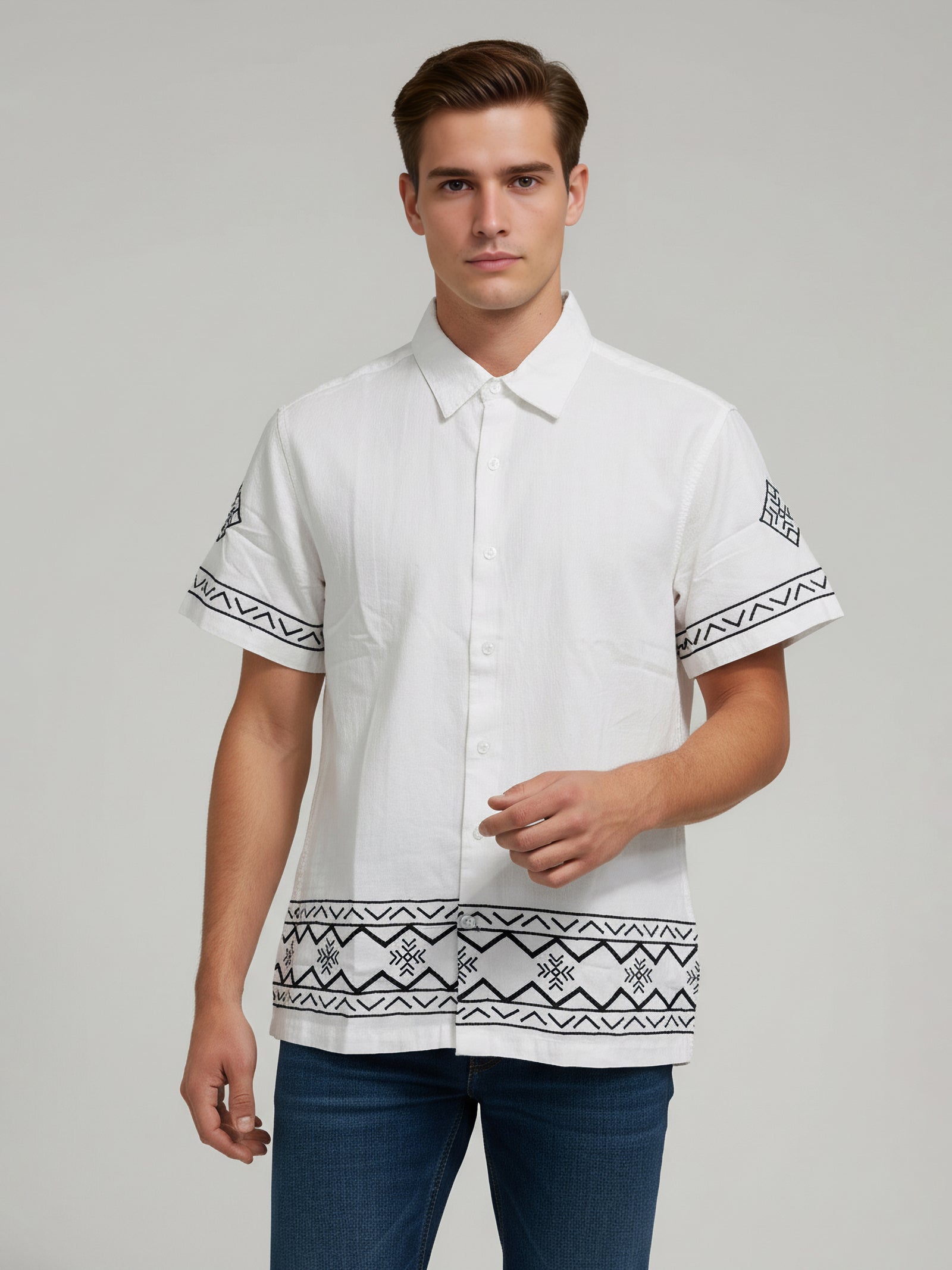 Celio* Men White Printed Regular Fit Cotton-Linen-Blend Shirts