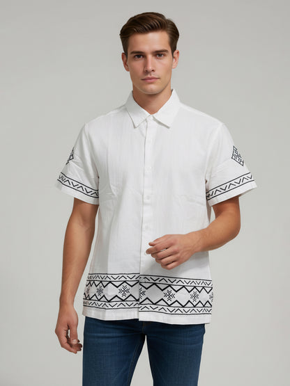 Celio* Men White Printed Regular Fit Cotton-Linen-Blend Shirts