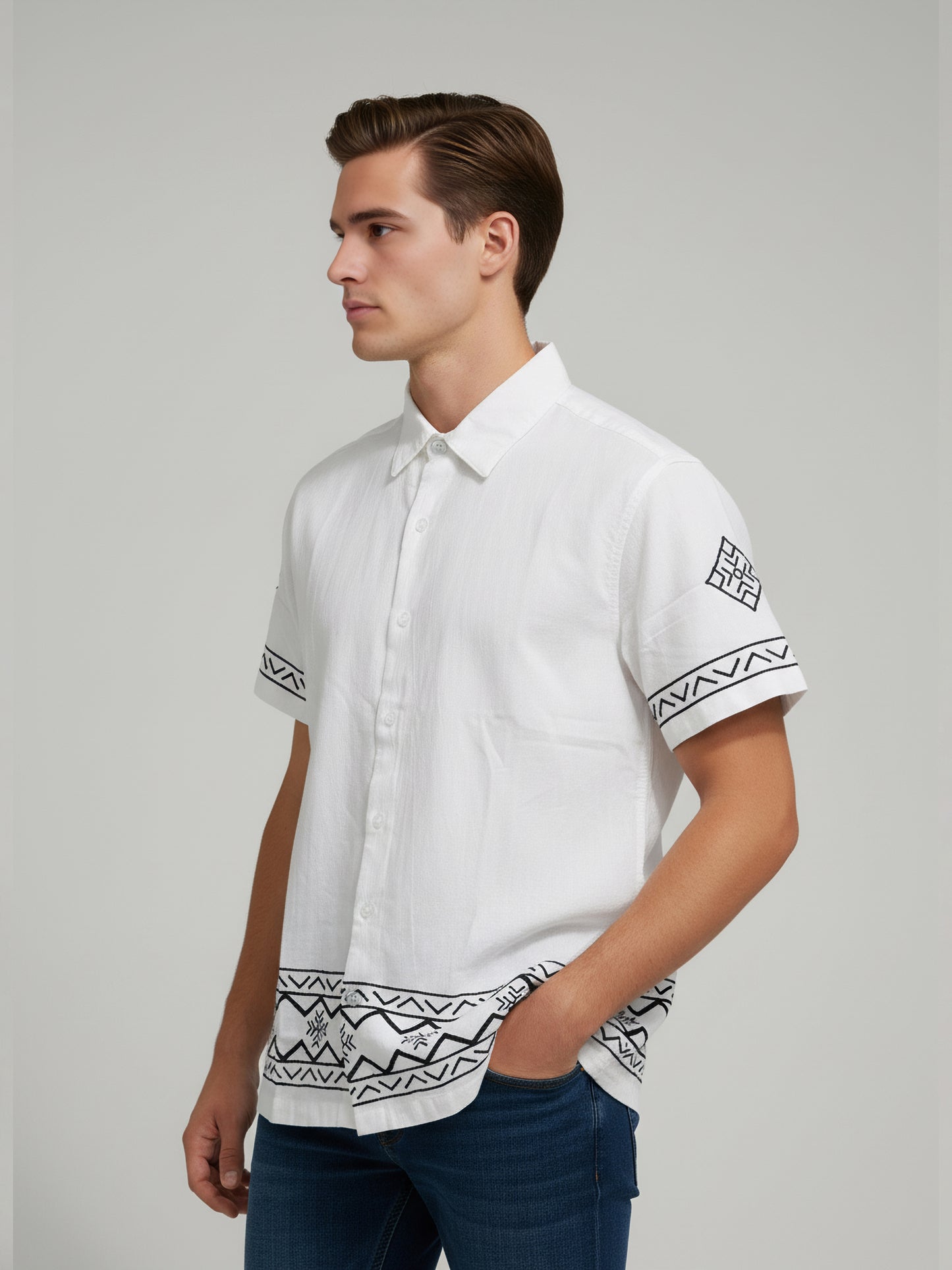 Celio* Men White Printed Regular Fit Cotton-Linen-Blend Shirts