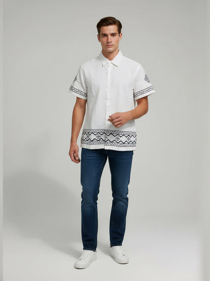 Celio* Men White Printed Regular Fit Cotton-Linen-Blend Shirts