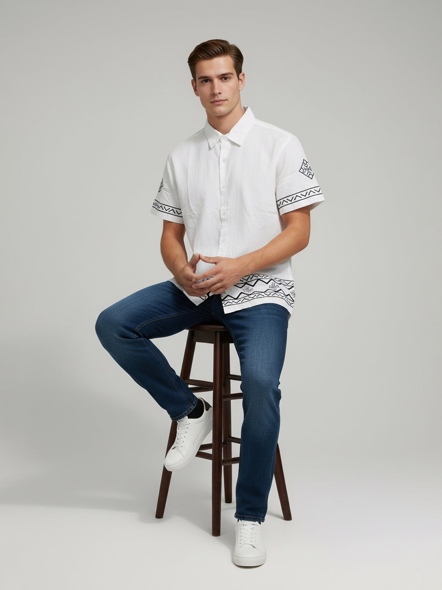 Celio* Men White Printed Regular Fit Cotton-Linen-Blend Shirts
