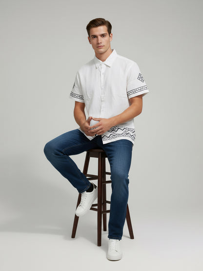Celio* Men White Printed Regular Fit Cotton-Linen-Blend Shirts