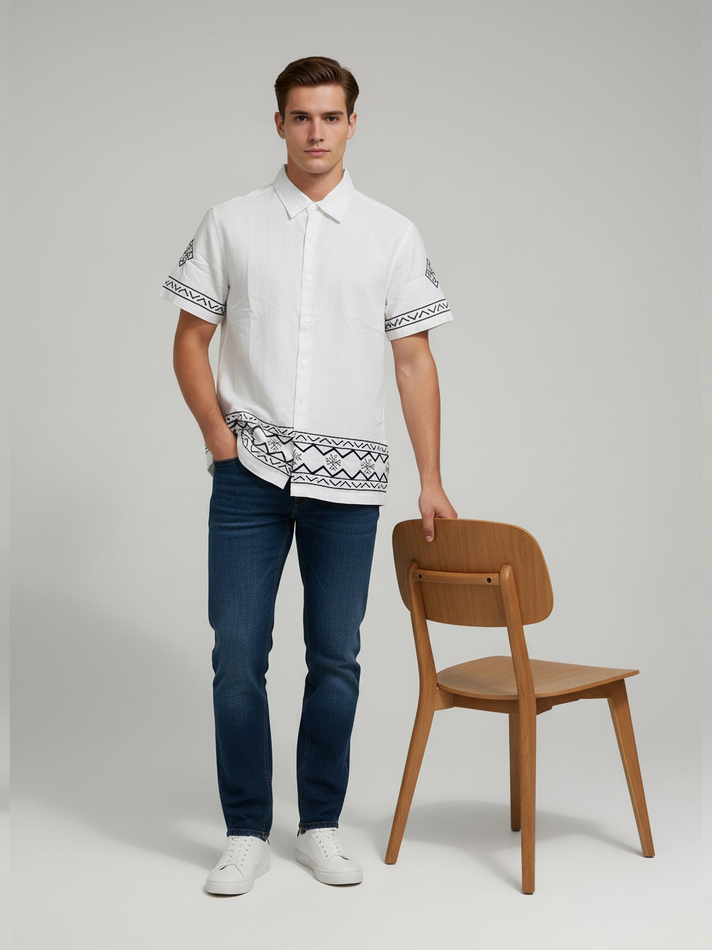 Celio* Men White Printed Regular Fit Cotton-Linen-Blend Shirts