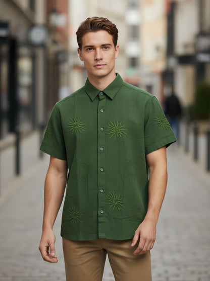 Celio* Men Olive Embroidered Regular Fit Cotton Shirts