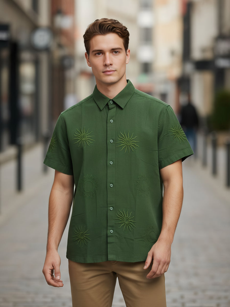 Celio* Embroidered Regular Fit Men Olive Cotton Shirts