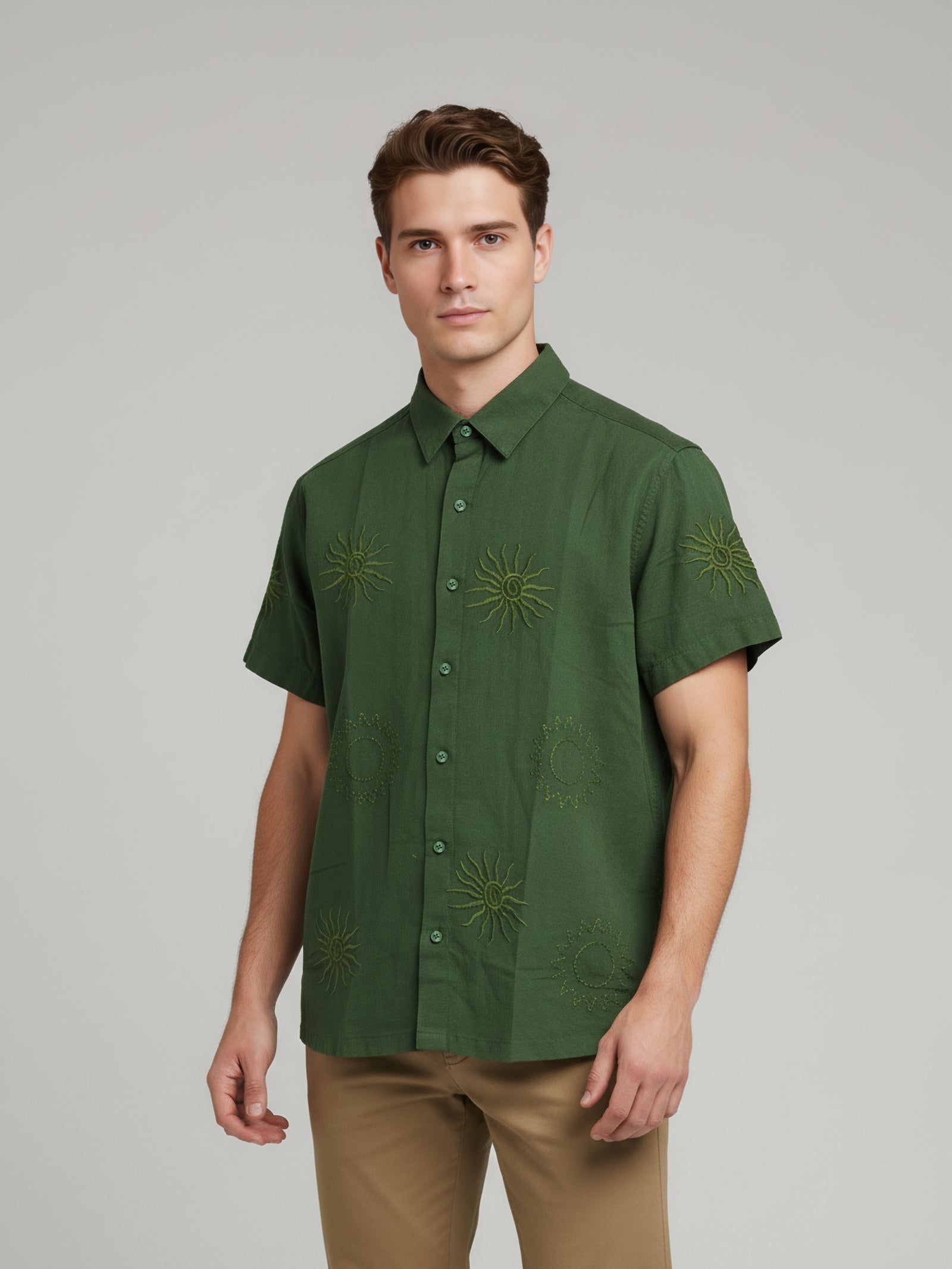 Celio* Embroidered Regular Fit Men Olive Cotton Shirts
