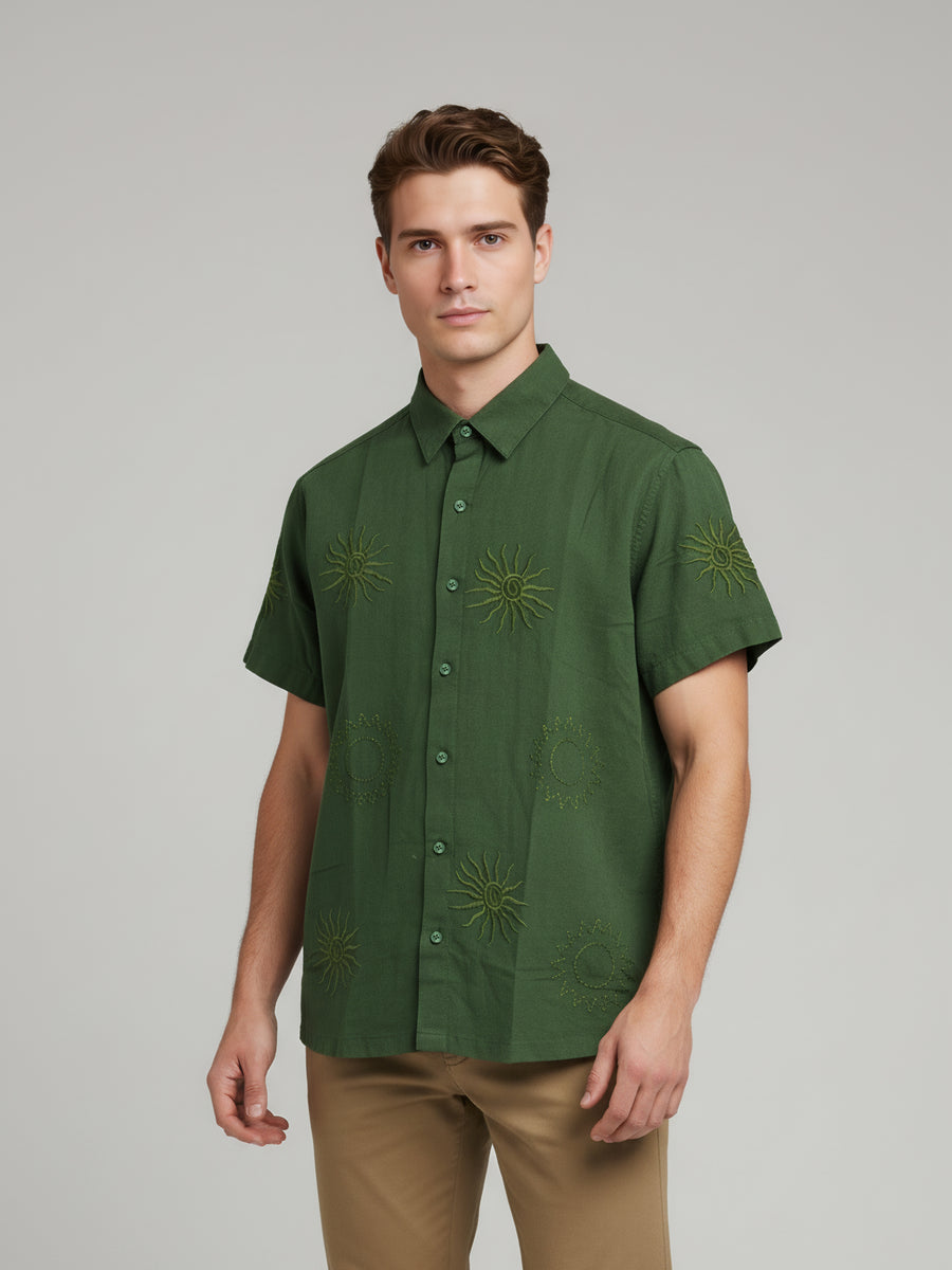 Celio* Embroidered Regular Fit Men Olive Cotton Shirts