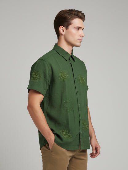 Celio* Men Olive Embroidered Regular Fit Cotton Shirts